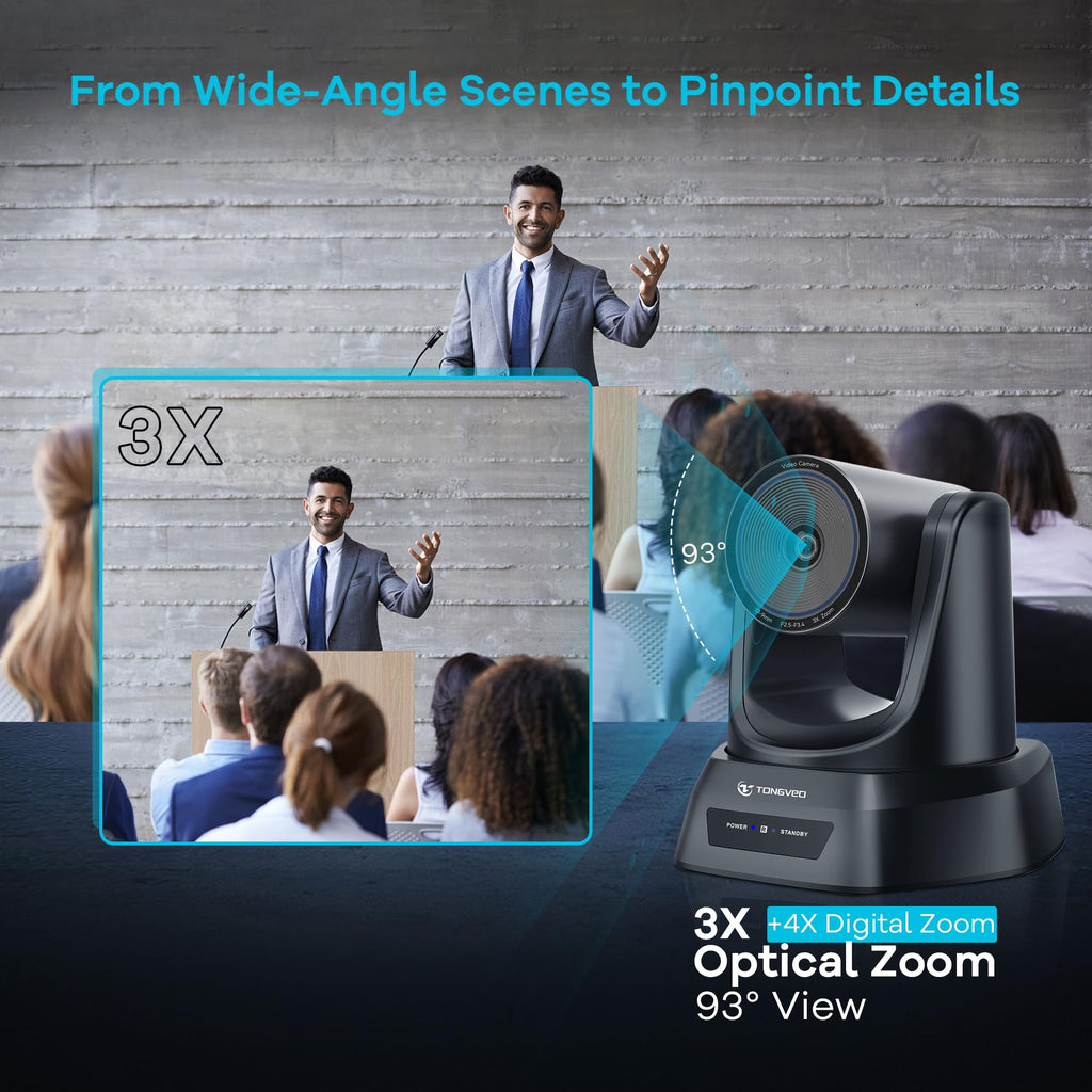 TONGVEO 3X Optical Zoom PTZ Camera AI Auto-Tracking HDMI USB 3.0 1080P 60fps Wide-Angle for Video Conference Business Meeting Live Streaming Online Learn with Zoom YouTube Teams OBS and More