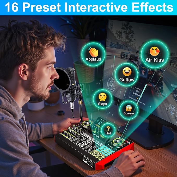 Podcast Microphone Bundle with Live Sound Card Audio Mixer, Podcast Equipment Bundle with 3.5mm BM800 Microphone for Pc/Youtube Live Streaming Singing Gaming, Sound Board with Voice Changer, Denoise