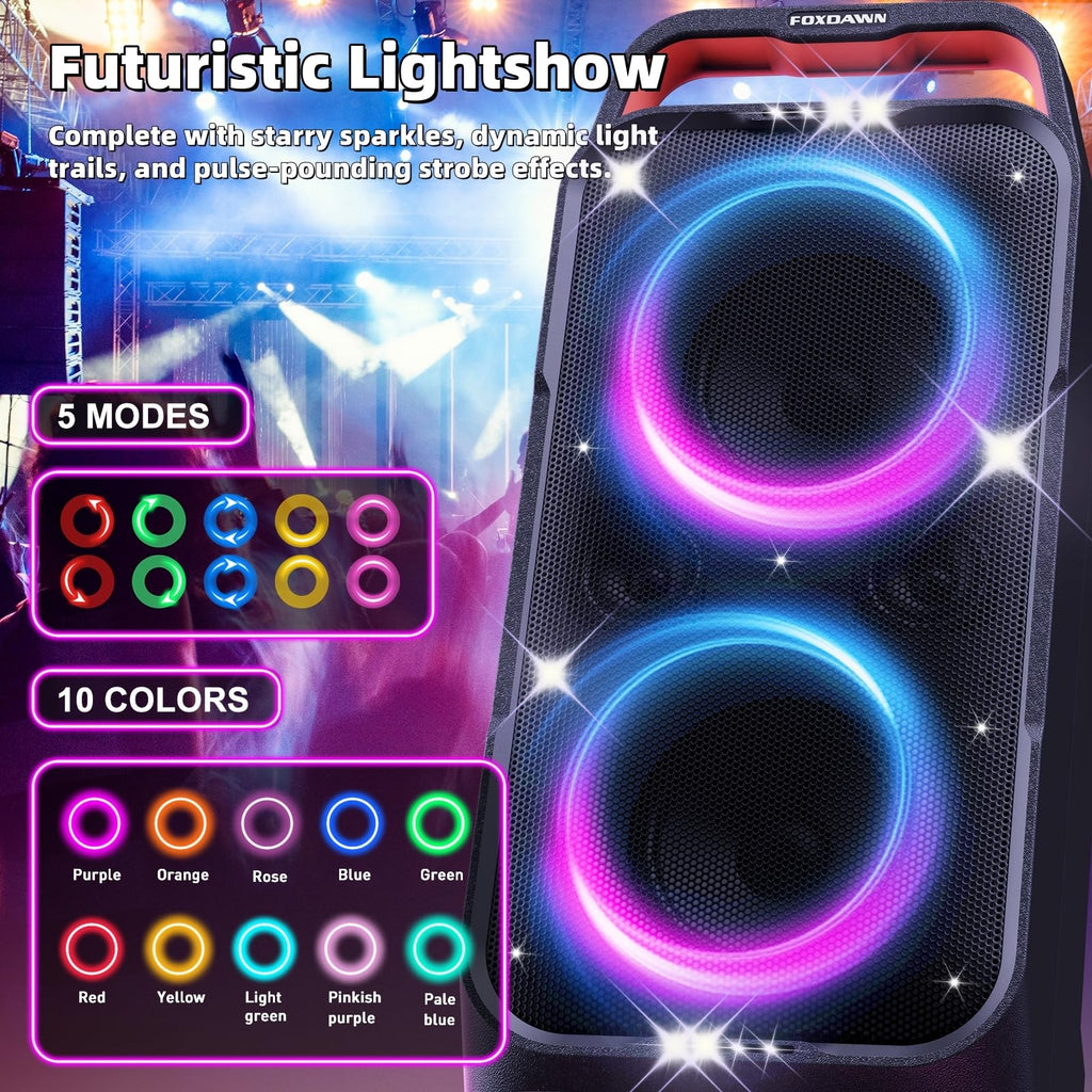 Foxdawn Party Bluetooth Speaker: 240W Peak Loud Sound, Deep Bass, 15H Playtime, Fast Charge, IPX4 Waterproof, TWS, Led Light Show, Large Portable Wireless Speakers for Outdoor, Camping, Backyard, Home