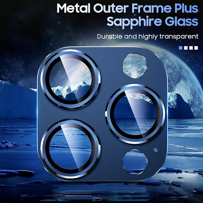 Uyiton Compatible with iPhone 15 Pro/iPhone 15 Pro Max Camera Lens Protector, [Not Easy to Break][Strong Adsorption][Case-Friendly] Metal Tempered Glass Rear Camera Screen Cover - Blue Titanium
