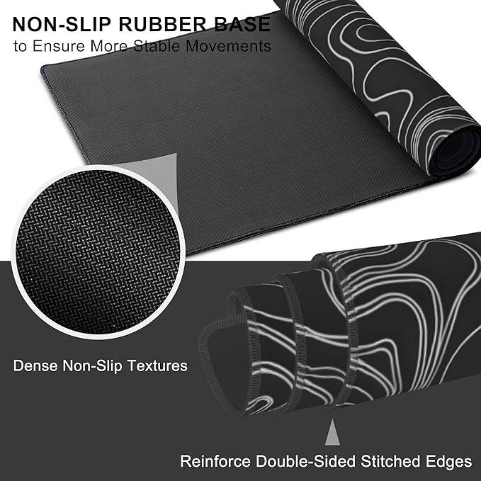 Mouse Pad, Large Mountain Topographic Terrain Map Desk Mat, Extended Non-Slip Gaming Keyboard Mousepad Desk Pad, Thick Stitched Edges Waterproof Mouse Mat 31.5"x15.7" (White Topographic Line Art)