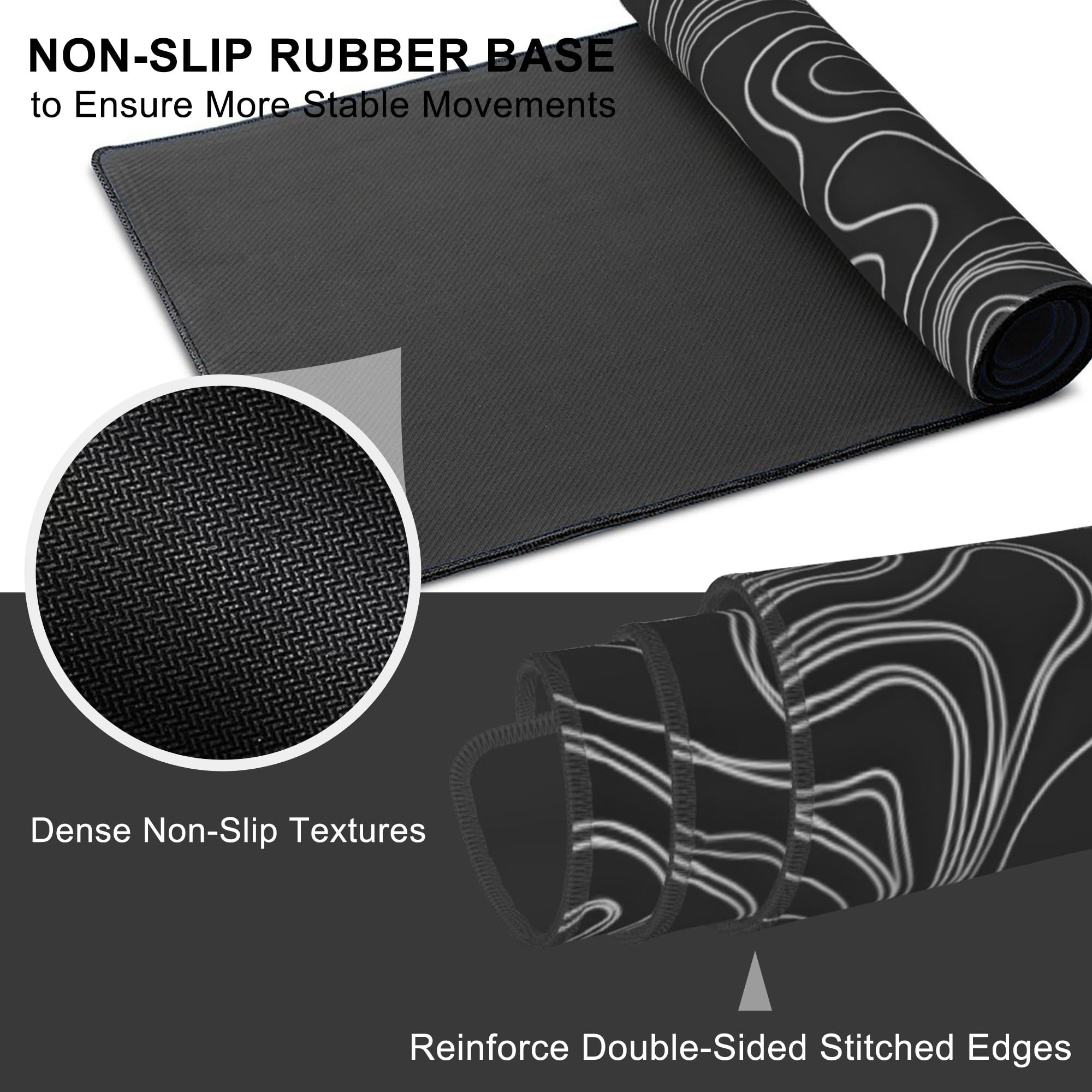 Mouse Pad, Large Mountain Topographic Terrain Map Desk Mat, Extended Non-Slip Gaming Keyboard Mousepad Desk Pad, Thick Stitched Edges Waterproof Mouse Mat 31.5"x15.7" (White Topographic Line Art)