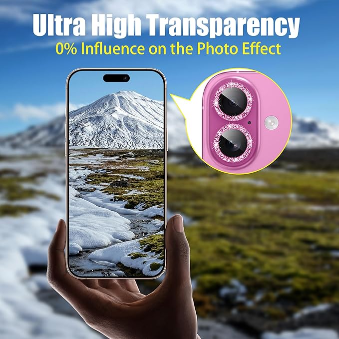AGVEE 3+3 6 Pack for iPhone 16 6.1" / 16 Plus 6.7" Camera Lens Cover Protector, Bling Glitter & CD-Textured Metal Ring 9H Tempered HD Glass Camera Cover Protector Film, Glitter-Rose