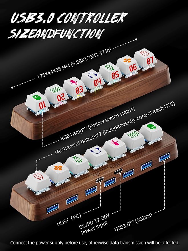 Walnut Wood 7-Port Powered USB 3.0 Hub, 5Gbps Data Transfer, Independent Hot-Swappable 3-Pin Mechanical Keyboard Switch Expander, RGB Backlit Docking Station-FU07