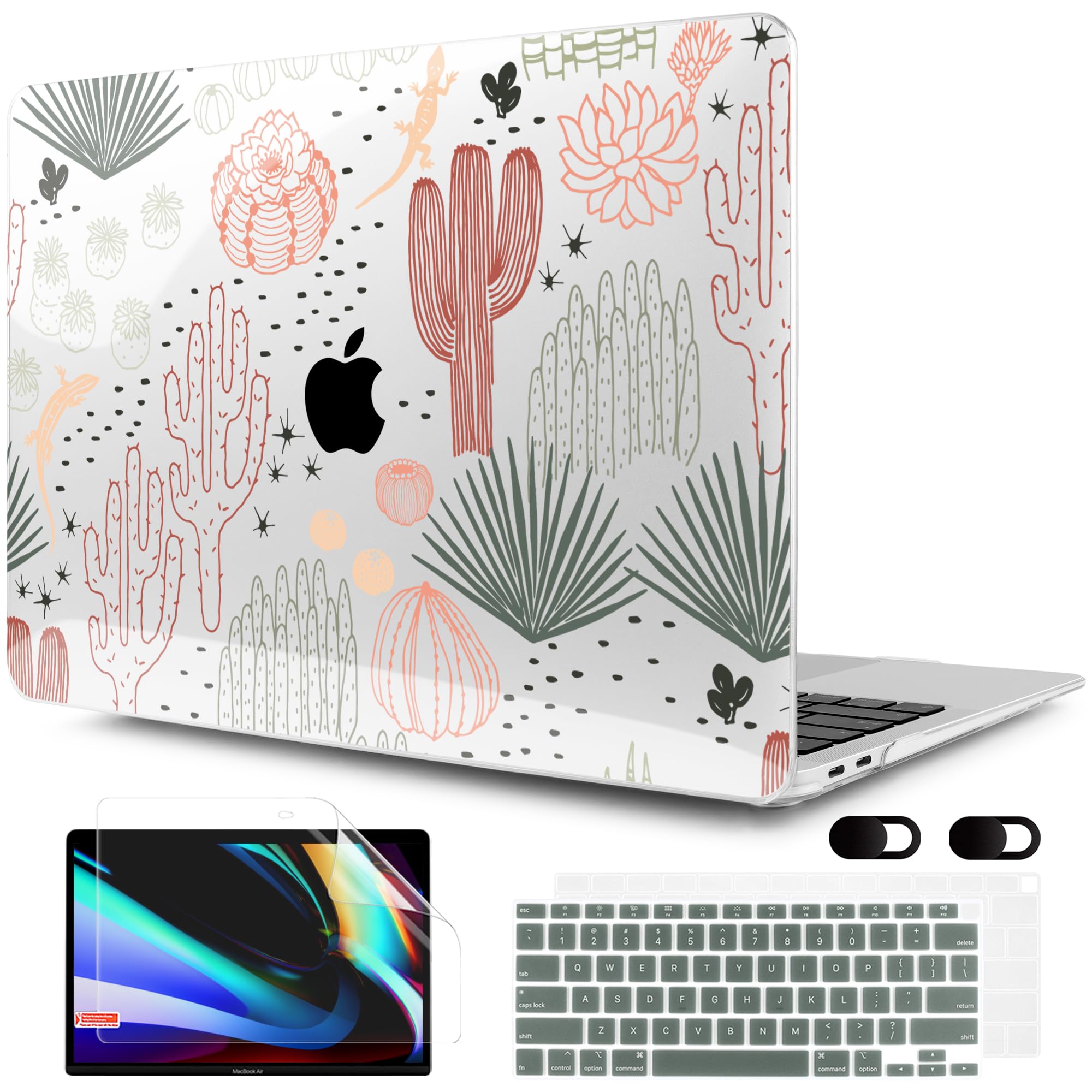 MEEgoodo for MacBook Air 13 inch Case 2021 2020 2019 2018 Released A2337 M1 A2179 A1932 with Touch ID, Plastic Hard Shell & Keyboard Cover Compatible with MacBook Air 13.3, Cacti