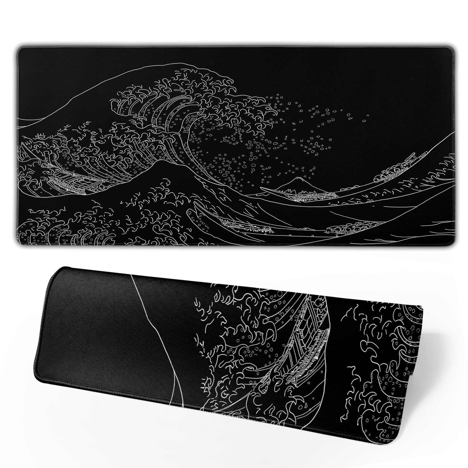 Japanese Sea Wave Large Mouse Pad, Anime Black Gaming, Extended Kanagawa Mat Desk Pad, 3mm Thick Long Non-Slip Rubber Base Mice Pad, 31.5 X 11.8 Inch