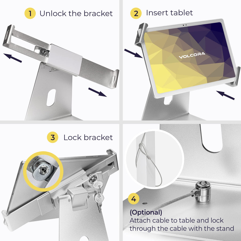 Volcora Anti-Theft Tablet Stand iPad Kiosk Stand with Lock, Silver 10-13'' iPad Stand for Desk, Swivel, Adjustable iPad Holder For Desk, iPad Mount For Desk For POS Register, Retail Business, Cashier