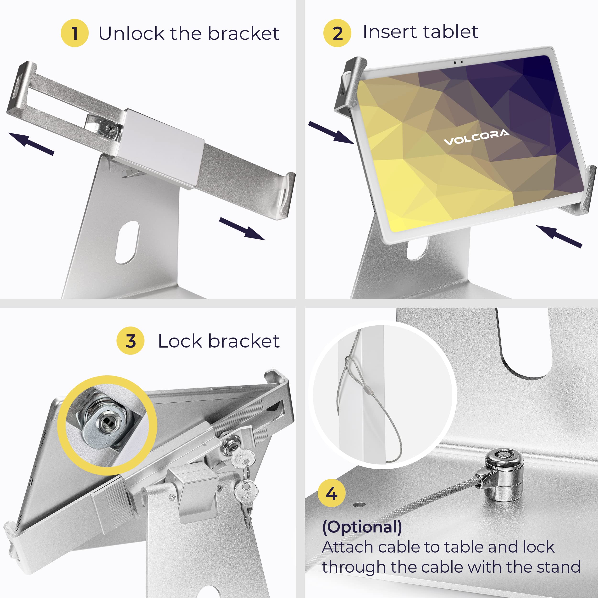 Volcora Anti-Theft Tablet Stand iPad Kiosk Stand with Lock, Silver 10-13'' iPad Stand for Desk, Swivel, Adjustable iPad Holder For Desk, iPad Mount For Desk For POS Register, Retail Business, Cashier