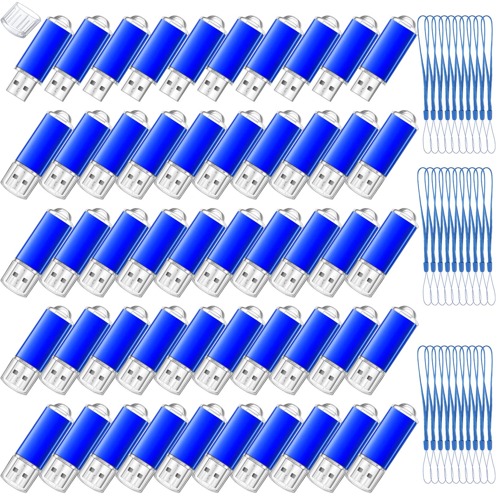 Hoteam 50 Pack USB 2.0 Flash Drives Bulk Blue Portable Thumb Drive with Hat USB Sticks Bulk with 50 Pcs Lanyards for Data Storage File Sharing Commercial Gift(256MB)
