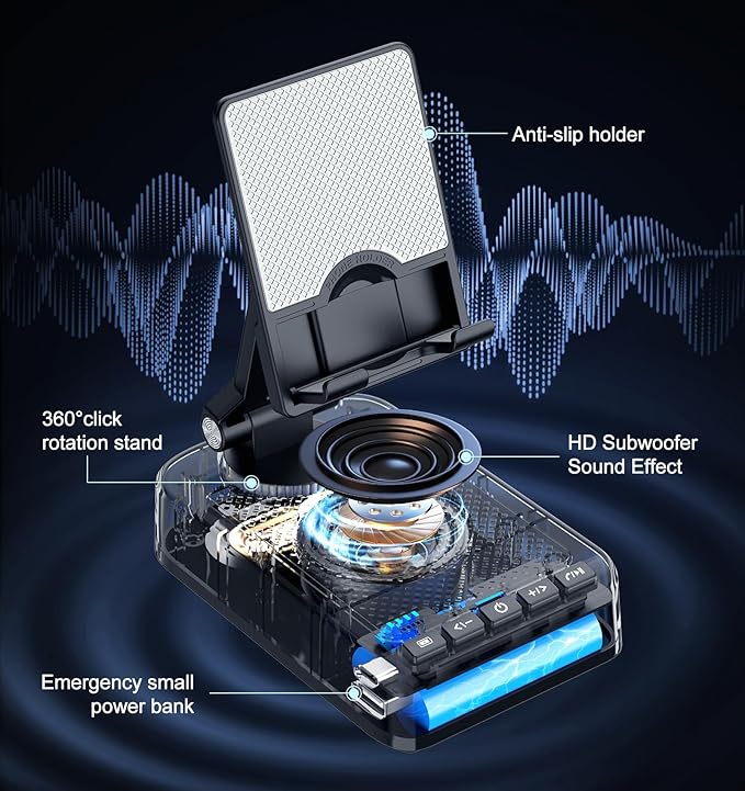 Gifts for Men Women, Phone Stand with Bluetooth Speaker and Charging Function 360° Rotable Angel Adjustable Cell Phone Holder with HD Stereo Sound Fits All Phones,Tablet (Black)