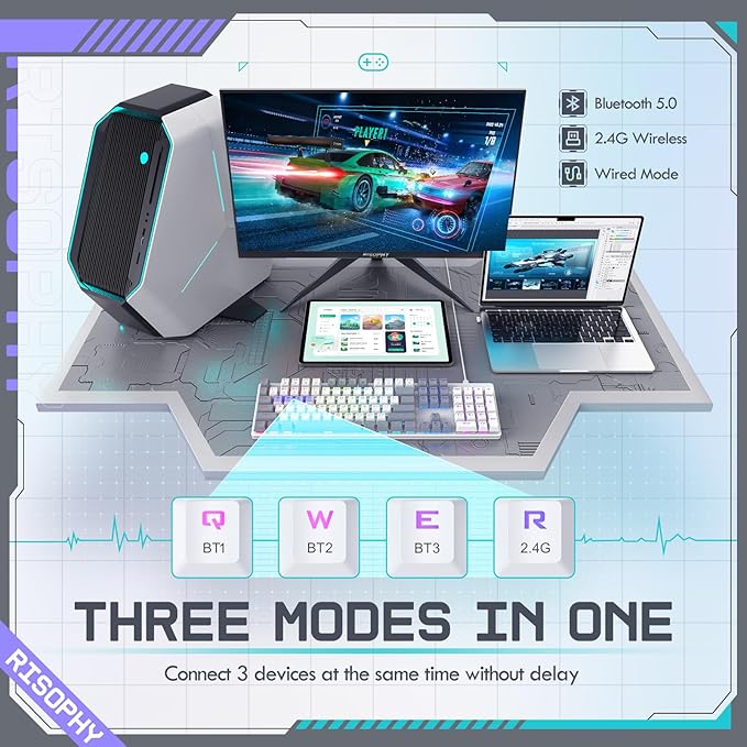 Wireless Mechanical Keyboard, Triple Mode 2.4G/USB-C/Bluetooth Gaming Keyboard, 104 Keys Programmable, Customize RGB Backlit, Red Switch, Bicolor PBT Keycaps, Rechargeable Wired Keyboard for Laptop PC