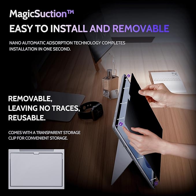 Privacy Screen for 13 Inch Surface Pro 11/10/9/8/X, MagicSuction™ Removable Anti Spy Black Protector, Glare Blue Light Filter for Microsoft Laptop Computer Monitor