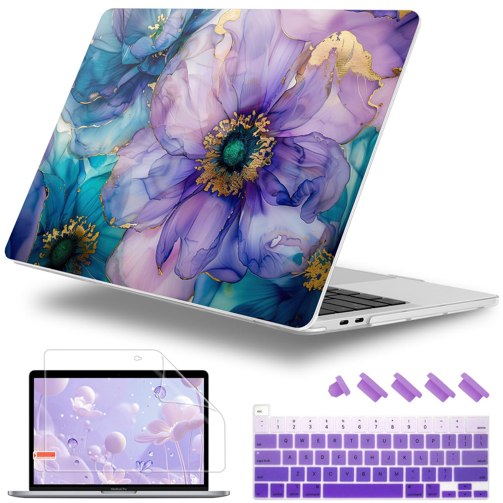 Lepeoac Case for MacBook Pro 13 inch Case M2 2022-2016 A2338 M1 A2251 A2289 A2159 A1989 A1708 A1706, Plastic Hard Shell + Keyboard Cover + Dust Plug, Fluid Art Flowers