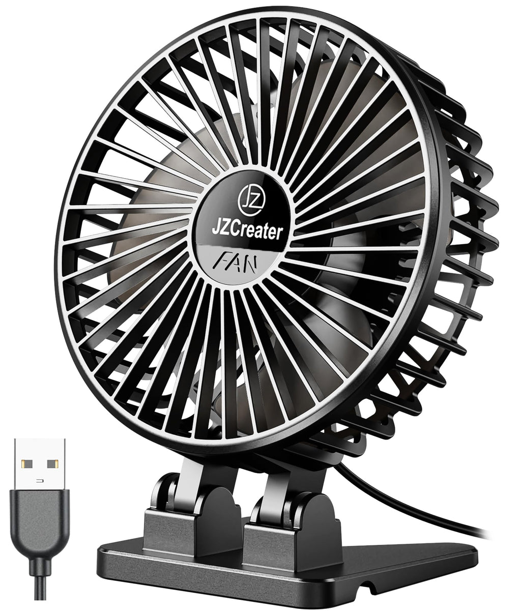 JZCreater USB Desk Fan, Mini Portable, 3 Speeds - Quiet Personal Cooling Fan for Home Desktop Office Travel Bedroom, Deep Black (2Pack)