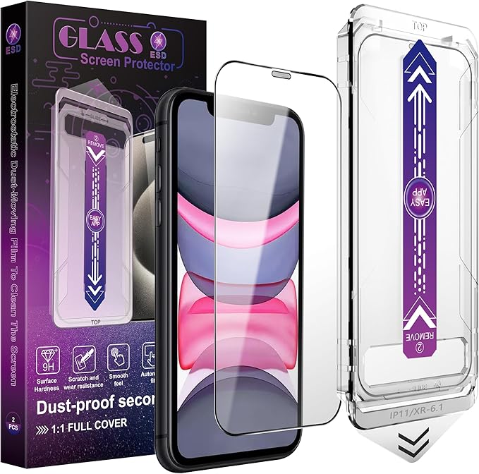 2 Pack Screen Protector for iPhone 11 / iPhon XR, 9H Tempered Glass, Full Coverage, Anti-Fingerprint, Auto Dust-Elimination, No Bubble, Easy Installation