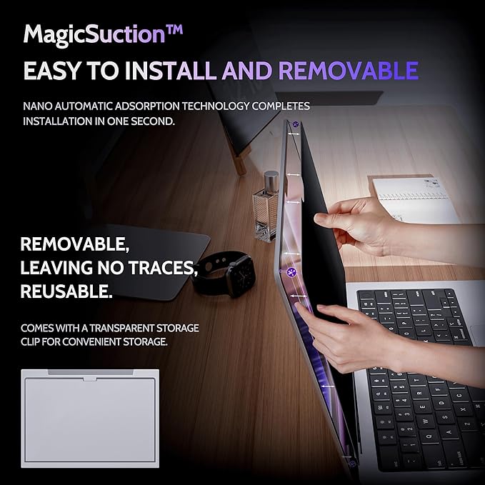 Privacy Screen for MacBook Pro 16 Inch (2021-2024, M1, M2, M3, M4), MagicSuction™ Removable Anti Spy Black Protector, Glare Blue Light Filter for Mac Laptop Computer