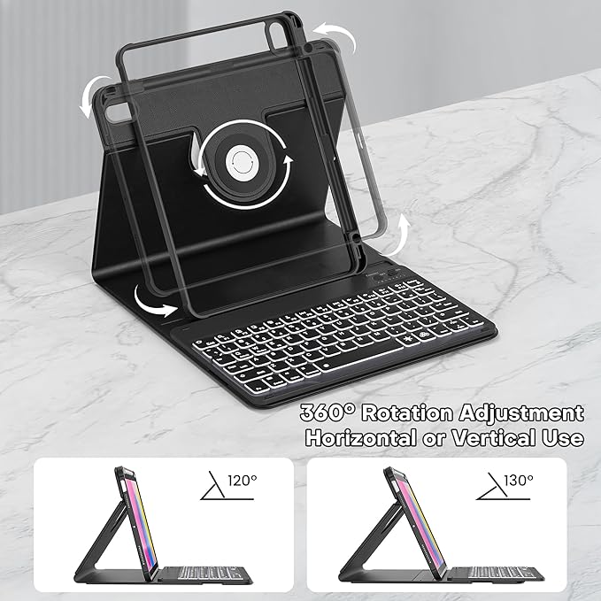 YBING for iPad A16 Case with Keyboard 11th &10th Generation, 360 Rotation Magnetic Cover with 7-Color Backlit Wireless Detachable Keypad with Pencil Holder for iPad 11th 2025/10 Gen 10.9" 2022 (Black)