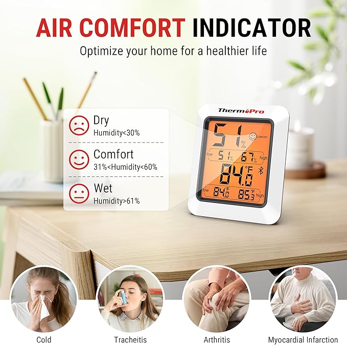 ThermoPro Hygrometer Thermometer for House TP350, Bluetooth Room Indoor Greenhouse Thermometer Monitor Up to 260FT, Backlit Humidity Meter Temperature Sensor with 2-Year Data Export, 2 Pack