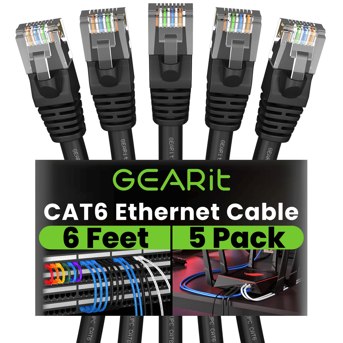 GEARit Cat6 Patch Cables Cat 6 Ethernet Cable 3 ft 5-Pack Black