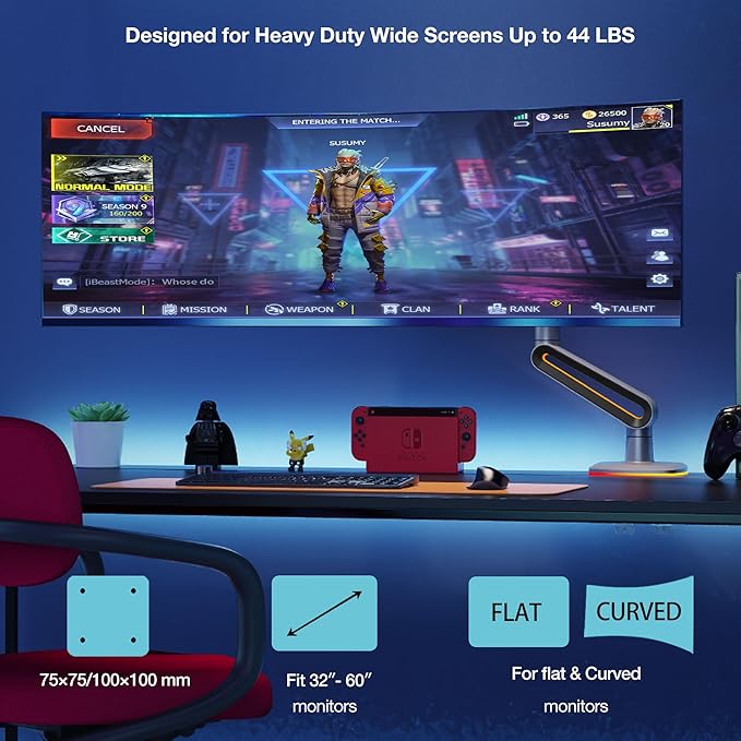 RGB Gaming Monitor-arm for Flat/Ultrawide/Curved Monitors 32 to 60 inch, Heavy Duty Stand Load up to 20 kg, VESA 75/100 mm Monitor-Mount F6-G