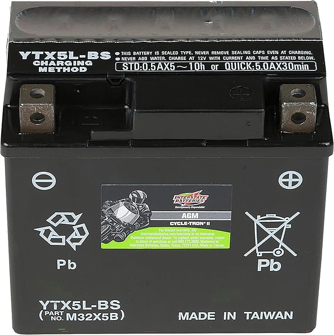 Interstate Batteries YTX5L-BS 12V 4Ah Powersports Battery 80CCA AGM Rechargeable Replacement for Kawasaki, Polaris, KTM Motorcycles, ATVs, Scooters, Bikes (CYTX5L-BS/CITX5L-BS)