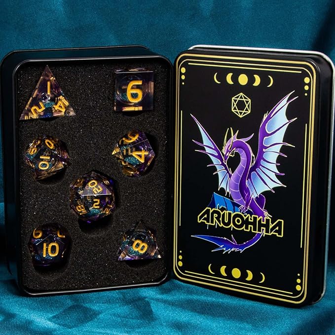 ARUOHHA Liquid Core DND Dice Set, 7pcs Resin Sharp Edged Dice RPG Purple Polyhedral D and D Dice with Gift Box, Role Playing Dice Set D20 D12 D10 D8 D6 D4