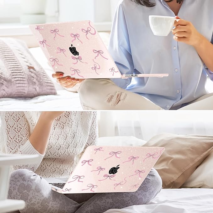 May Chen for MacBook Air 13.6 inch Case A3240 M4 A3113 M3 A2681 M2 with Retina Dispaly, 2025 2024 2023 2022 Release, Plastic Hard Shell Case with Keyboard Cover, Sakura Pink Glitter Bow