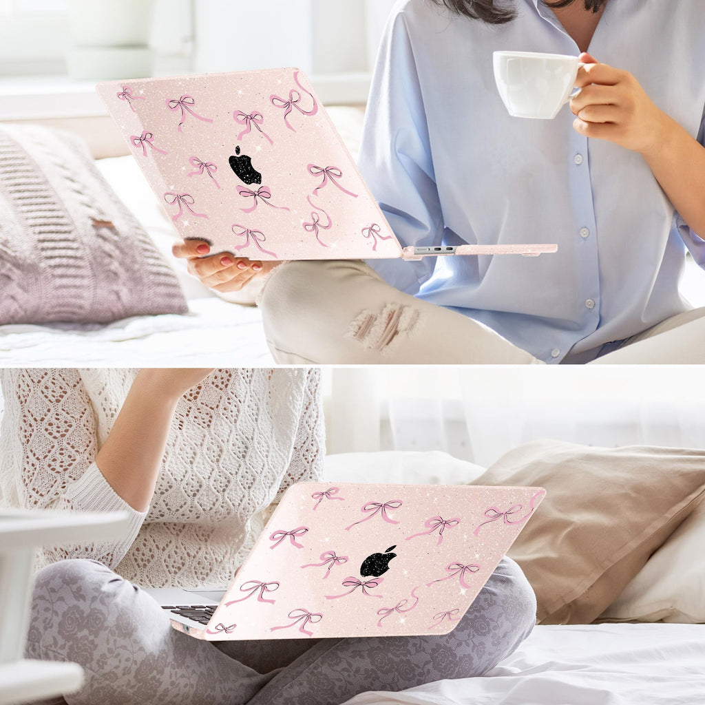 May Chen Case for MacBook Air 13/13.6 inch M5 A3449 M4 A3240 M3 A3113 M2 A2681, 2026 2025 2024-2022, Plastic Hard Shell with Keyboard Cover & Screec Protector, Sakura Pink Glitter Bow