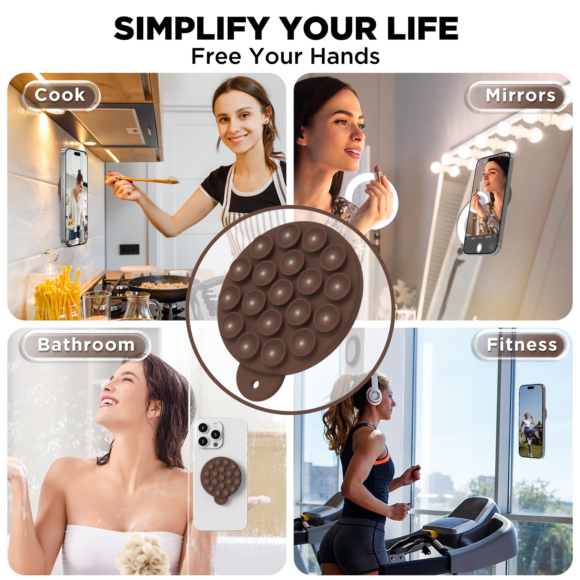 HSAOHD Magnetic Suction Cup Phone Mount with MagSafe, Silicone Hands-Free Grip Holder for iPhone Case and Android, Mirror Shower Phone Stand for Makeup FaceTime Gym Kitchen Bathroom, Chocolate