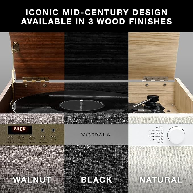 Victrola Century 6-in-1 Vinyl Record Player & Music Center – 3-Speed Turntable, CD & Cassette Player, VINYLSTREAM, Bluetooth & 3.5mm Aux, Record Player with Speakers, Mid Century Design (Black)