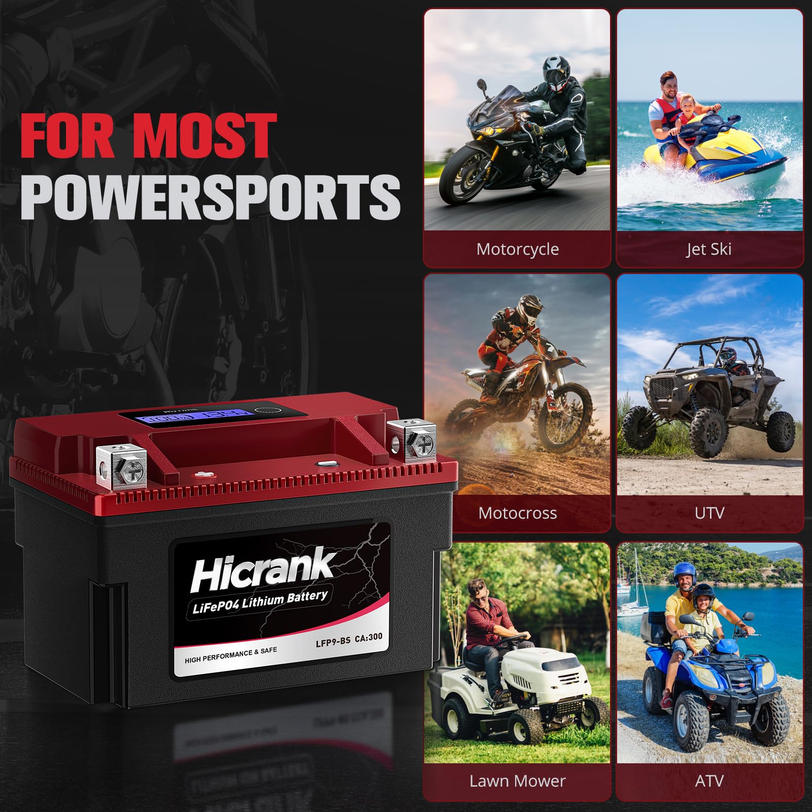 Hicrank LFP9-BS, 300 CCA, 5Ah, Lithium LiFePO4 Motorcycle Battery, 300 CCA, Digital SOC, IP66 for Ninja 400 Z650 Honda CBR600F4i KTM Duke 390 Suzuki GSX-R600 GSXR750 Predator 500 Replaces YTX9-BS