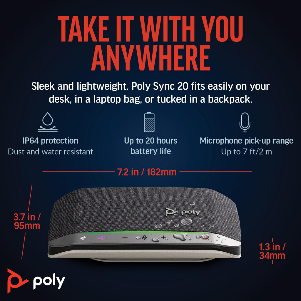 Poly Sync 20 USB-C Personal Portable Smart Speakerphone (Plantronics) – Long Battery Life – Noise/Echo Reduction -Works w/Teams (Certified), Zoom, PC, Mac, Mobile – Amazon Exclusive