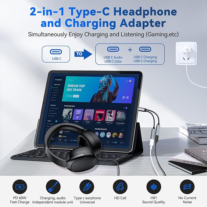 2PCS USB C Headphone Splitter,CCZ CA01 USB C to Type C Headphone Jack and Charger Adapter, 1 in 2 out Dongle Hi-Res DAC Audio Cable with PD 60W Fast Charging for Samsung Galaxy S25 S24 S23 (USBC-USBC)