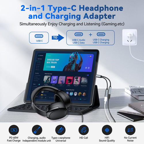 3PCS USB C Headphone Splitter,CCZ CA01 USB C to Type C Headphone Jack and Charger Adapter, 1 in 2 out Dongle Hi-Res DAC Audio Cable with PD 60W Fast Charging for Samsung Galaxy S25 S24 S23 (USBC-USBC)