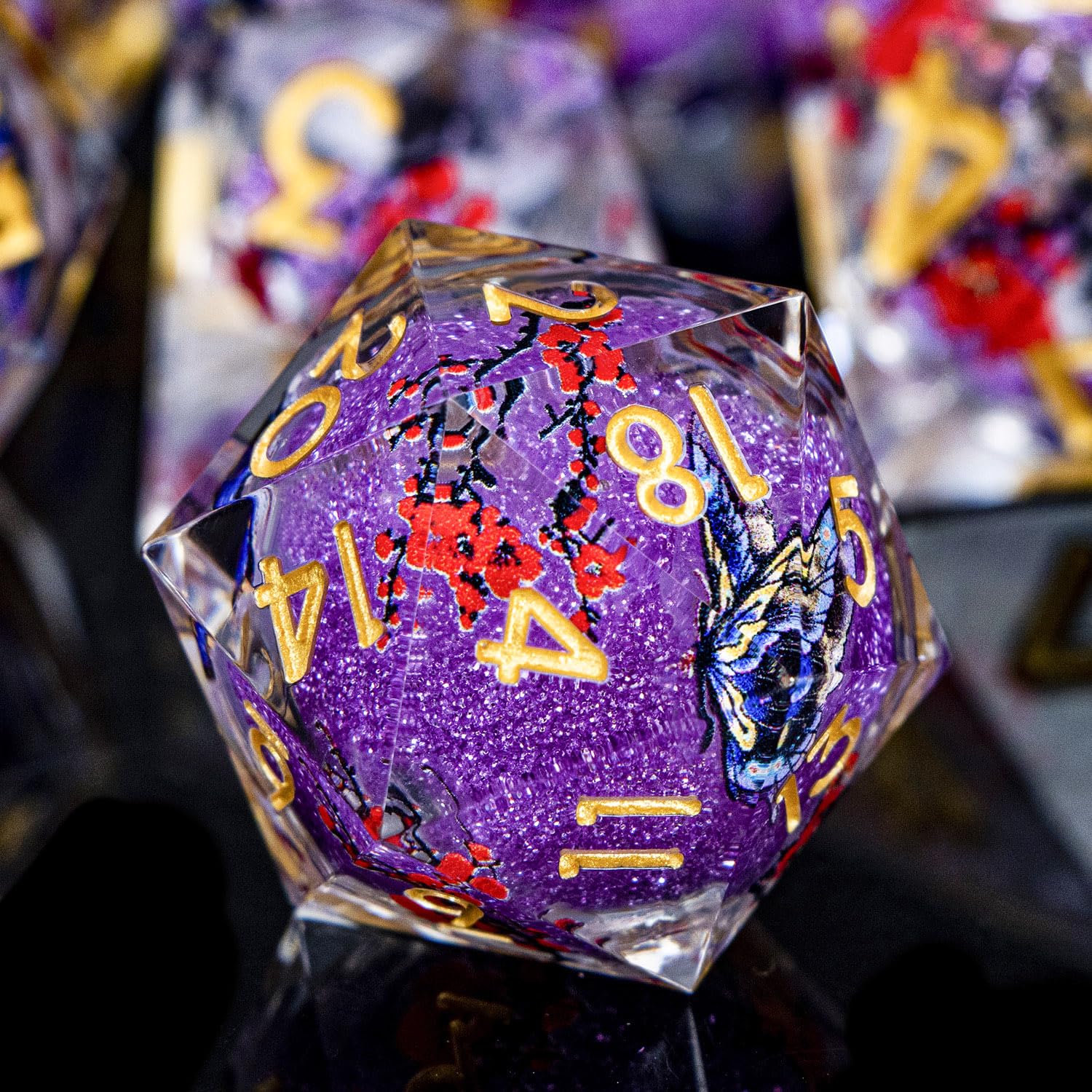 Butterfly DND Dice Purple Liquid Core Dice Set with Metal Box, Handmade Sharp Edge D and D Polyhedral Dice for use with D&D Role Playing Game, D20 D12 D10 D8 D6