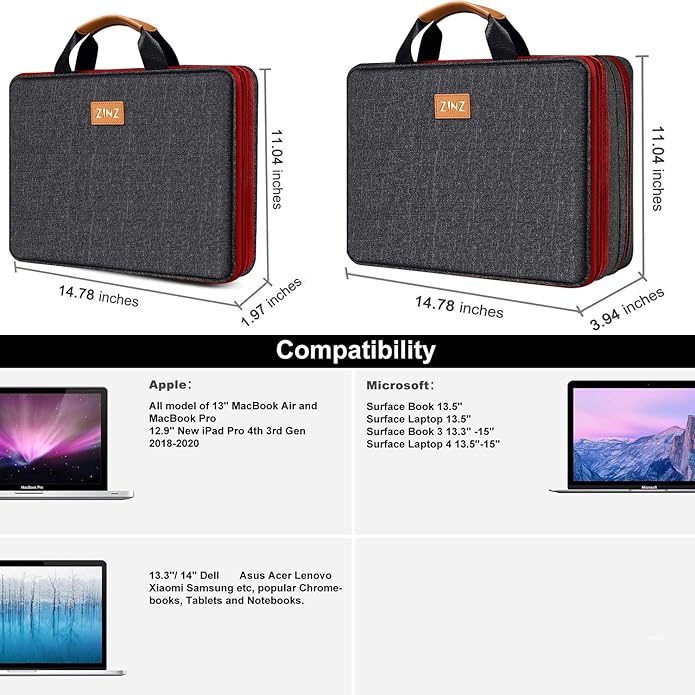 ZINZ Laptop Case Computer Sleeve Briefcase with Multi-pockets for 11.6 12.9 13 13.3 14 15 15.6 16 inch Notebooks