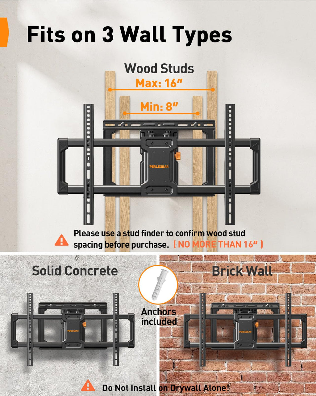 Perlegear UL Listed Full Motion TV Wall Mount for 42-90" TVs up to 132lbs