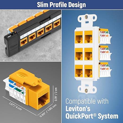 Everest 45° Angled RJ45 Cat6A Keystone Jacks 10-Pack in Yellow - Slim Profile Female RJ45 Connectors - Cat 6A Keystone Jack - Compatible with 45° Angled Speed Termination Tool - 45Term (B0BL3GS7ZY)