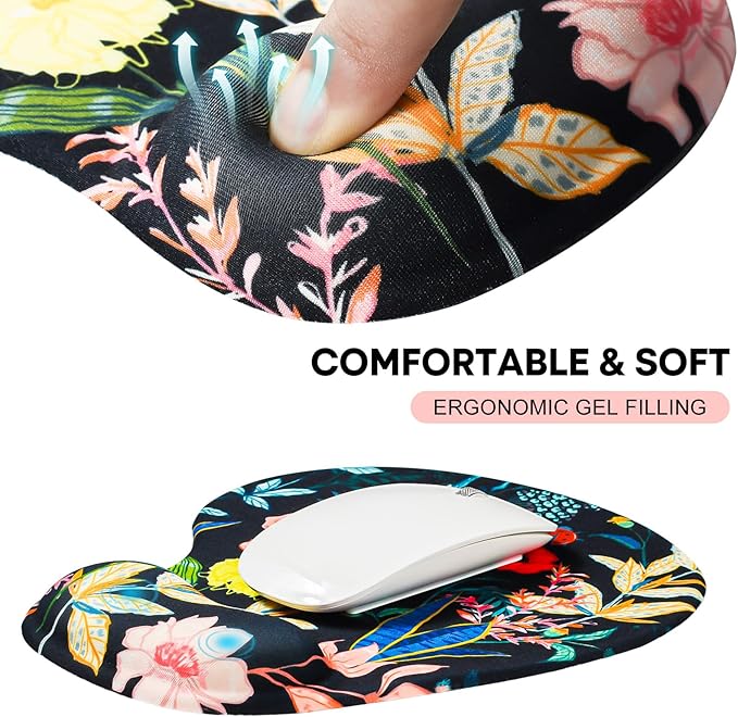 JIKIOU Ergonomic Mouse Pad with Gel Wrist Rest 2Pack, Portable Small Flower