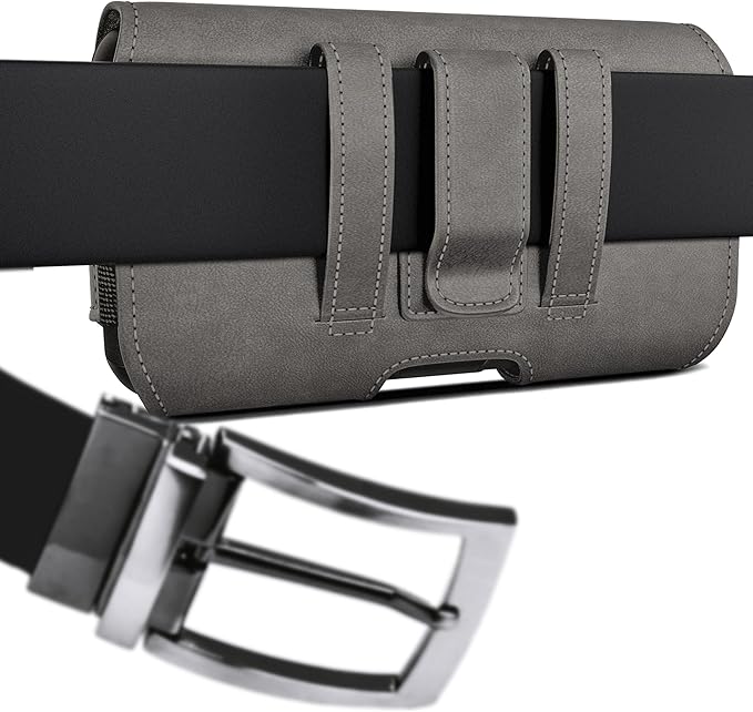 DeBin Holster for Large iPhone Plus, Pro Max Models 16 15 14 13 12 11 Xs Max – Leather Cell Phone Belt Holder Case with Clip, Carrying Pouch Cover Fits Phone with Case on, Pewter