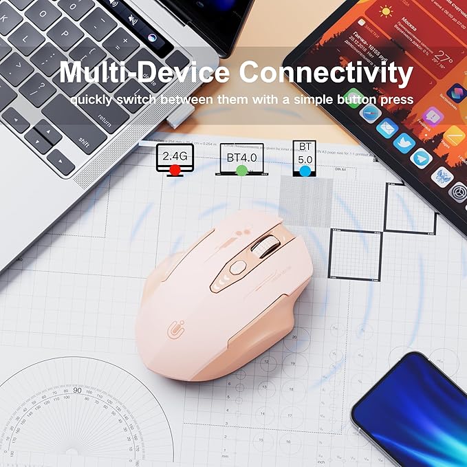 Bluetooth Mouse,[Upgraded] Multi-Device Wireless Mouse,Visible Battery Level,Tri-Mode (BT 5.0/4.0+2.4G Hz) Rechargeable Ergonomic Mouse, 4 Adjustable DPI,Coldless Mouse for Laptop and PC,Pink