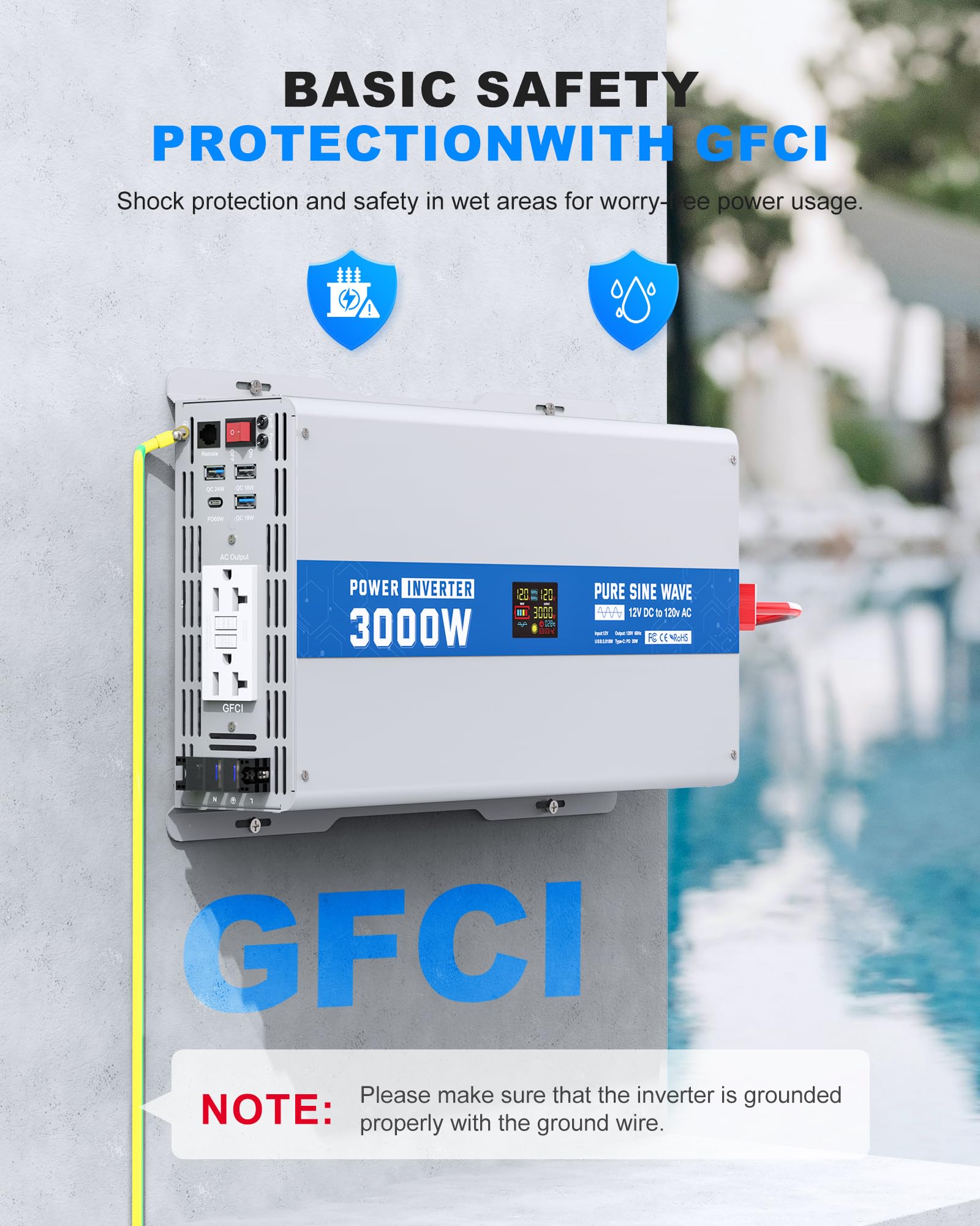 ASMONTRIC 3000W Pure Sine Wave Power Inverter 12V DC to 120V AC Converter 6000 Watt Peak Power Multi-Display Screen with 2 GFCI Outlet 30W USB and 18W Type-C for Car RV Truck Boat Off-Grid, Gray Blue