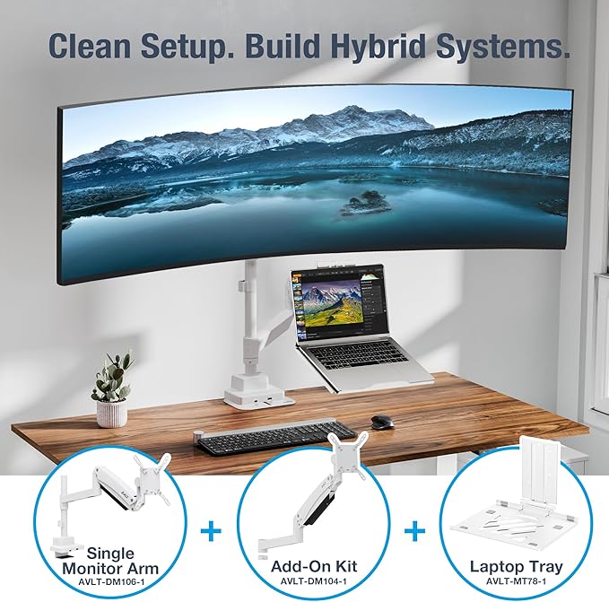 AVLT Single 57 Inch Heavy Duty Monitor Arm Add-On Kit for Pole Top Mount-White, Fits 1.38" Pole, for Super Ultrawide Screen, Supports 59.5lbs (27kg), VESA Compatible, Workspace Upgrade Extension Arm