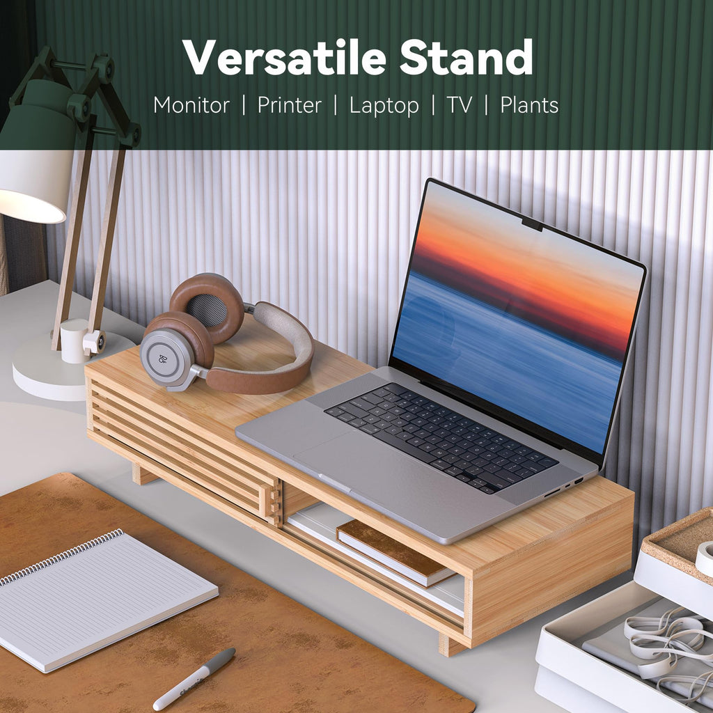 WELL WENG 25" Monitor Stand with Sliding Doors Desk Shelf Bamboo
