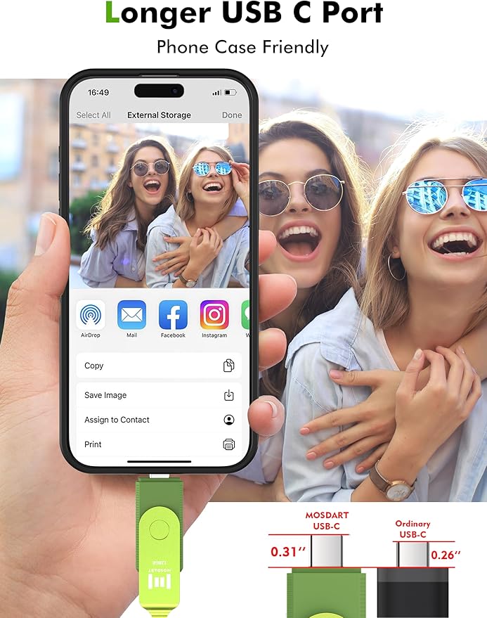 MOSDART 128GB USB3.1 Fast Speed C and A Dual Flash Drive, exFAT Memory Stick with Keychain and LED Indicator, for iPhone 15 and 16, Android Phone, iPad, MacBook, and Other Laptops, Green