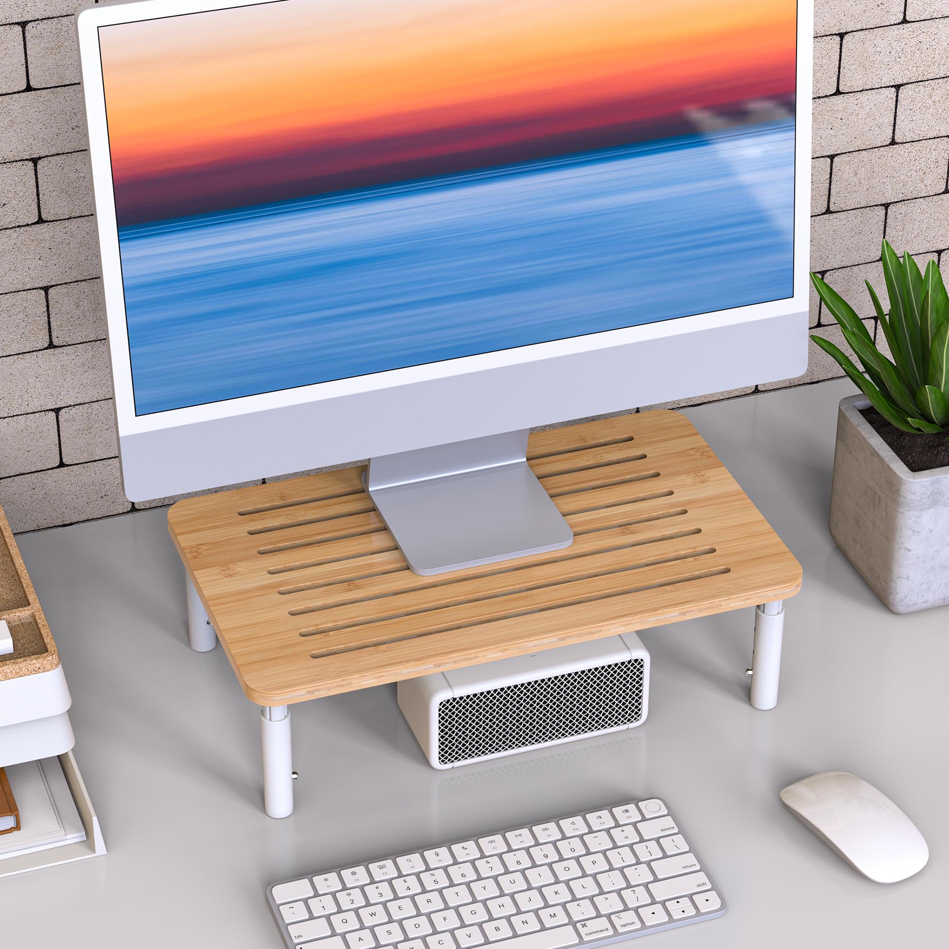 WELL WENG Bamboo Monitor Stand Riser, 4 Adjustable Height,Easy Assembly