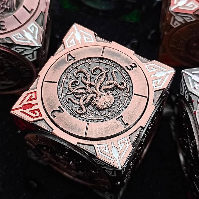 Spinner Dice 7-in-1 Metal DND Set – Premium Copper RPG Dice with 3D Monster Reliefs, Gyro Spinner & Collector’s Box for D&D,Classic Bronze Color