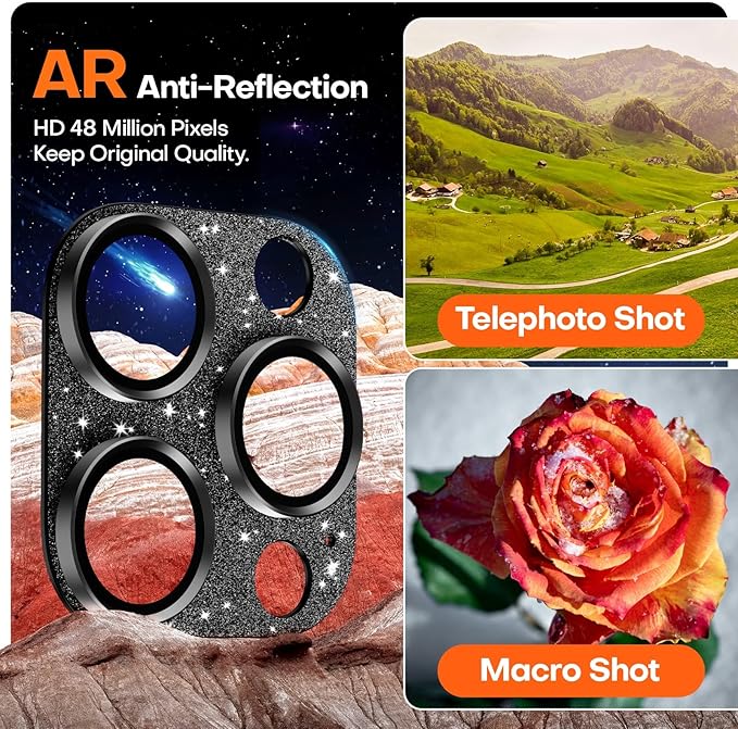 Camera Lens Protector for iPhone 16 Pro Max/16 Pro/15 Pro Max/15 Pro/14 Pro Max/14 Pro, Aluminum Alloy Sapphire Glass Camera Screen Cover, Case Friendly- Glitter Black