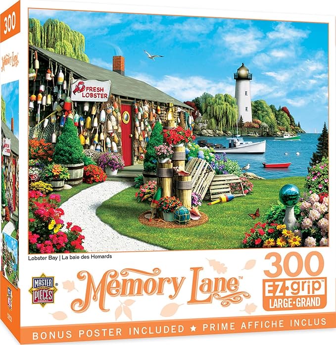 MasterPieces 300 Piece EZ Grip Jigsaw Puzzle - Lobster Bay Seaside Lighthouse and Boat - 18"x24"