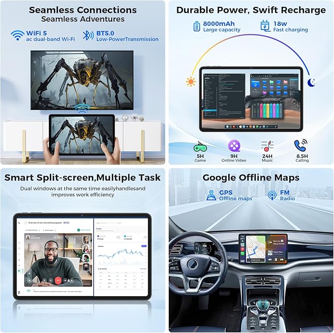 Tablet 12 inch Android 15 Tablets, 24GB（8+16）RAM+256 Storage(Expand to 1TB), Android Tablet with Keyboard, Octa-Core, 2K 2000x1200 Display, 16MP Dual Camera, 8000mAh, 5G WiFi,GPS,Bluetooth 5.0（Black）